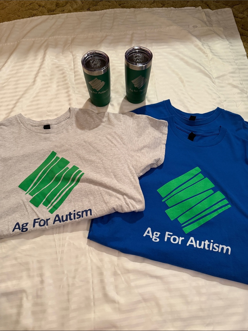 Ag For Autism XL Gildan (heavy cotton) short sleeve shirts & 2 tumblers bundle